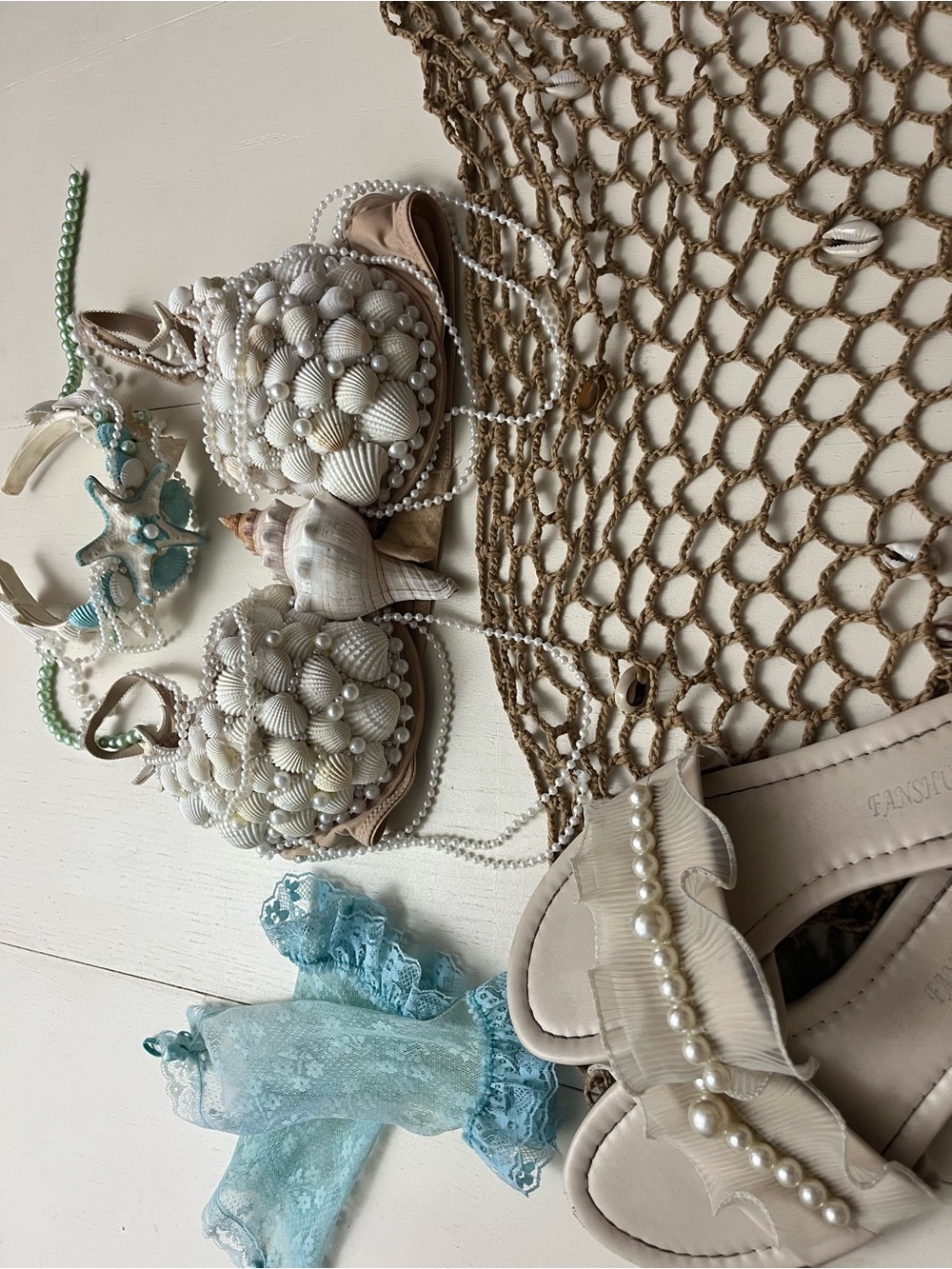 Handmade Mermaid Costume Set: Shell Bra, Headband, Fishnet wrap, Gloves, Sandals